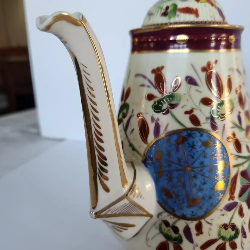 Antique 20s German Handpainted Chocolate Coffee Pot Gilt Floral Art Deco